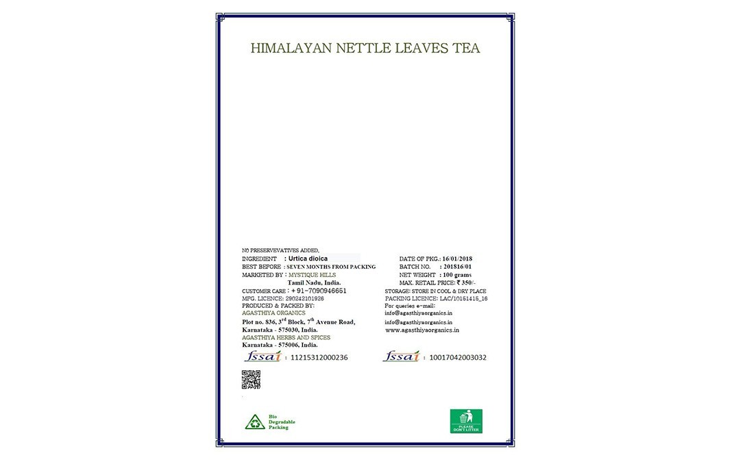 Mystique Hills Organic Living Himalayan Whole Nettle Leaves Tea   Box  100 grams